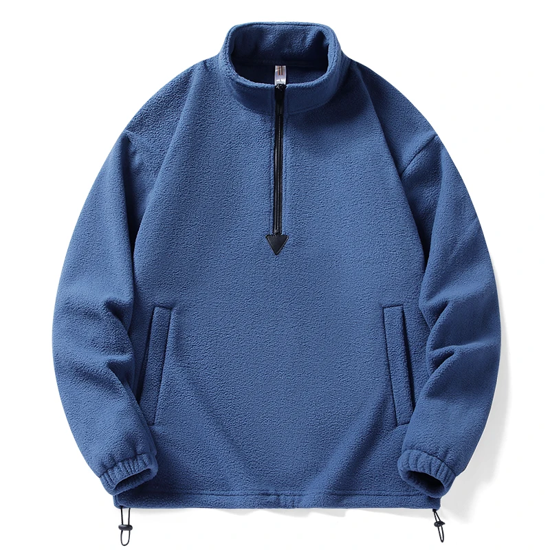 Double-sided solid color polyester fleece loose-fitting half-zip pullover sweater, unisex casual sweatshirt, drawstring hem, side panels.