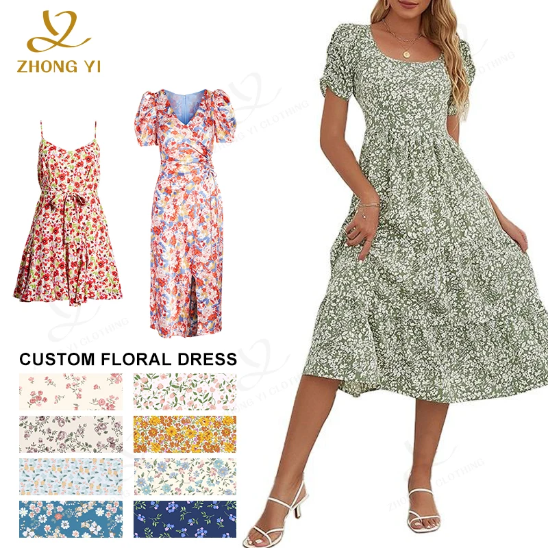 Custom 2024 Latest Design Summer Top Sell Short Sleeve Midi Dress Women Elegant Casual Floral Print Clothing Dresses