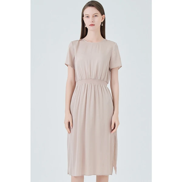 Изготовленный на заказ; Летние футболки «French разрез шелковое платье миди с короткими рукавами вневременной Элегантная Леди Стиль тонкий вид О-образным вырезом