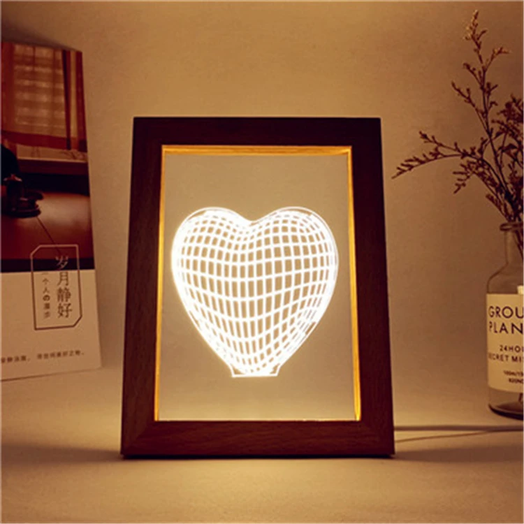 Customize Abstract Photo Frame Laser Cut Acrylic Led Night Lights 3D Wood Frame Optical Nigh Lamp Gift
