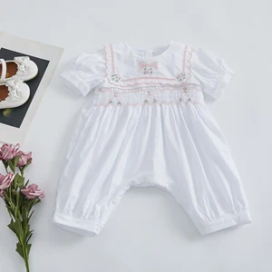 2026 Summer Newborn Baby Clothes Short Sleeve Flower Embroidered Toddler Smocking Romper 100% Cotton Casual Style