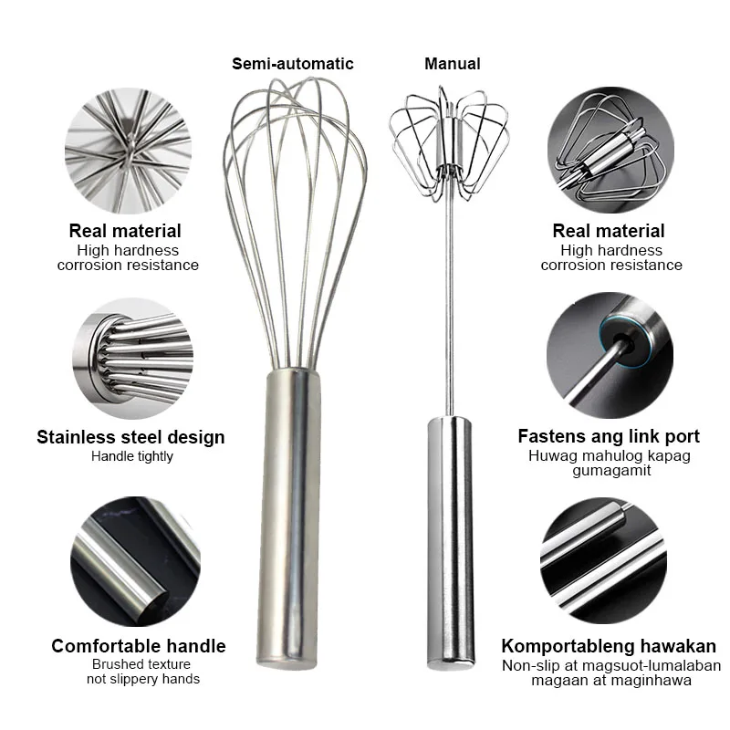 Stainless Whisks, 2 Pieces 10/12 Hand Push Egg Beater Mixer, Non-Electric  Easy Whisk Just Pressing and Whisking Save Much Energy Kitchen Utensil for