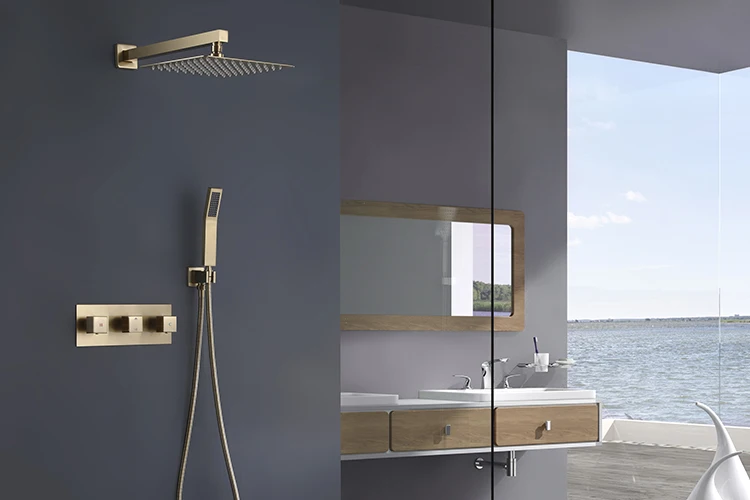 Hotel Bathroom Brushed Gold Concealed Shower Faucet Three Handle Brass ...