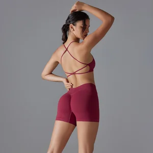 Seamless Solid Color Cross Back Yoga Set for Women Two Piece Tight Fit Workout Activewear