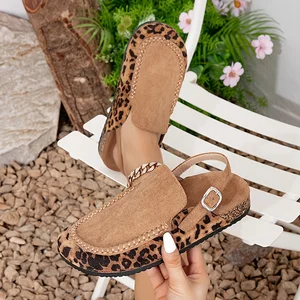 Spot Wholesale Women's Casual Sandals Comfortable Versatile Autumn Summer Flat Sandals Leopard Print Cork Wood Bottom Sandals