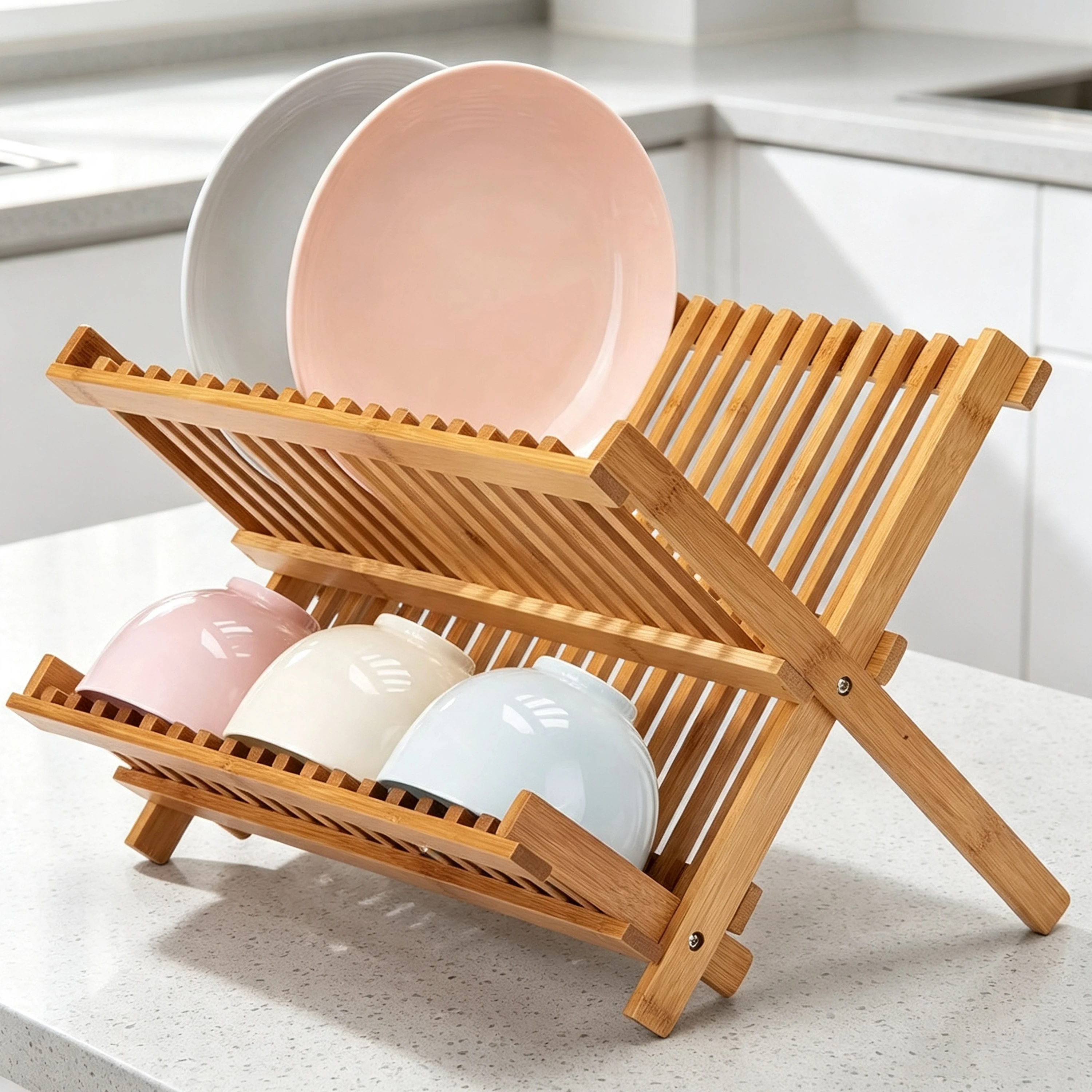Bamboo Dish Drying Rack 2-Tier Collapsible Drainer Kitchen Countertop Organizer Foldable Wooden Plate Rack