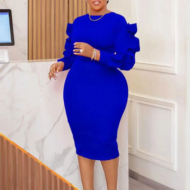 New Design Flare Sleeve Bodycon Dress Solid Crew Neck Official Dresses for  Ladies| Alibaba.com