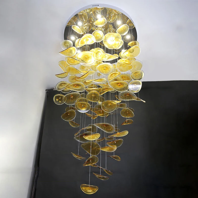 Modern DIY Scallop Ceiling Light Long Stair Raindrop Lighting Lotus Leaf Glass  Chandelier for Villa