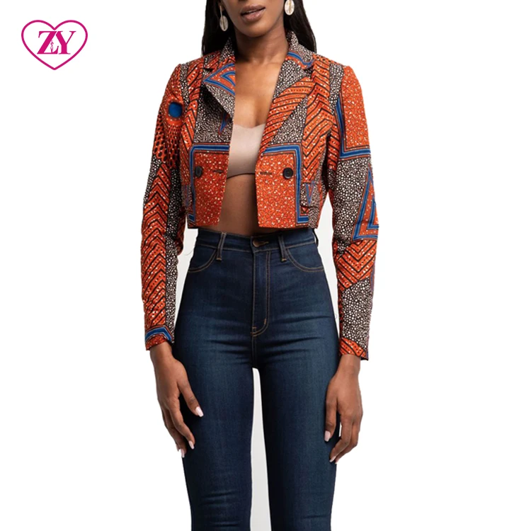 Women's Unique Cropped Top Blazers Single Breasted with Button Decoration  Casual Office Wear African Print Clothing Short Length