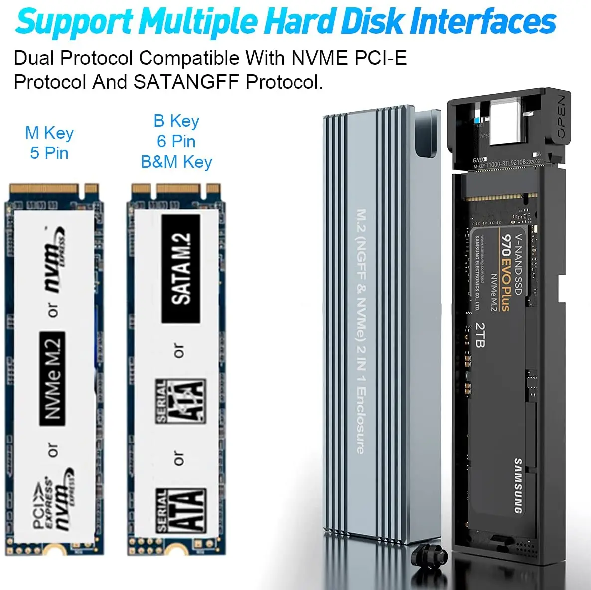 Aluminum Portable USB3.1 Type C GEN 2 M2 Enclosure NVME PCIE SATA NGFF Case SSD Adapter Solid State Drive Housing