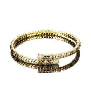 14K Gold Plated Brass Women's Party Wear Adjustable Snake Bangle Bracelets Trendy Round Brilliant Cut Cubic Zircon Claw Setting