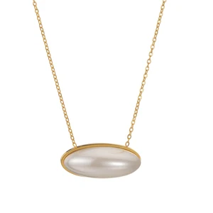 Fashionable High Grade Gold Plated Pendant Necklace Stainless Steel Oval Big Pearl Necklace for Women