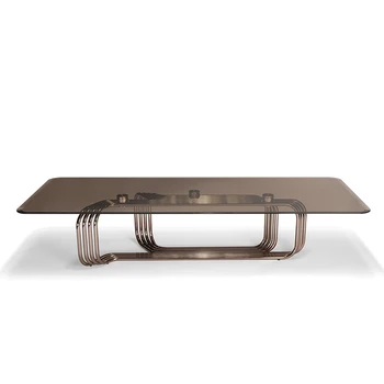 Rich Furniture Brown Postmodern Rose Gold Stainless Steel Base Tempered Low Modern Glass Top Coffee Table