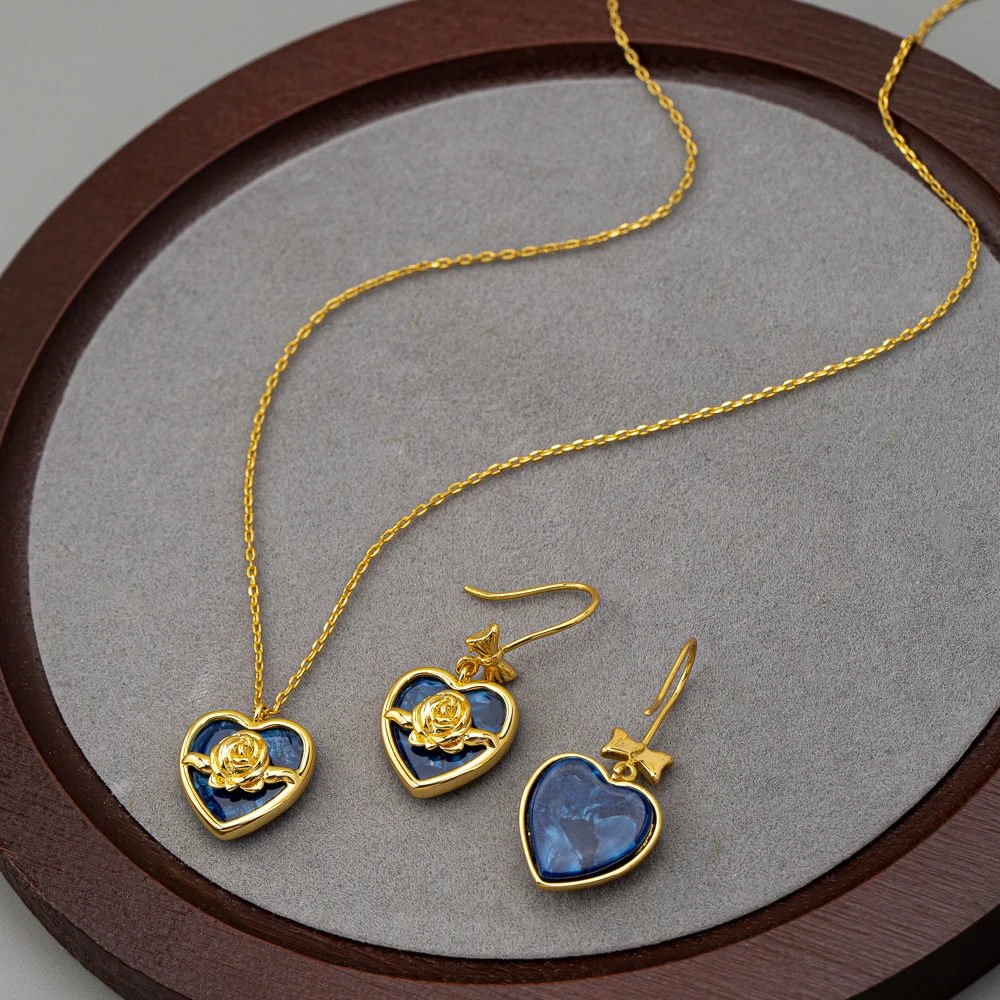 product wholesale customized blue resin heart bow pendant rose flower drop earring necklace set new style fashion jewelry for wedding-5