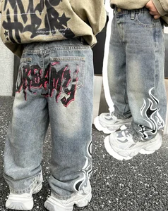Young Boy Fall and Winter Vintage Distressed Street Cool Style Blue Denim Cute Bear Graffiti Print Loose Jeans