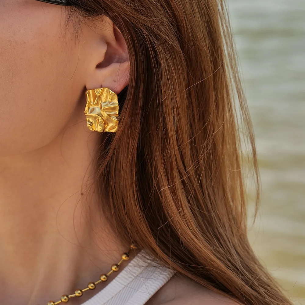 Chic Hypoallergenic Statement Earring Hammered Texture Stud Earring Gold Plated Stainless Steel Jewelry Large Drop Earrings
