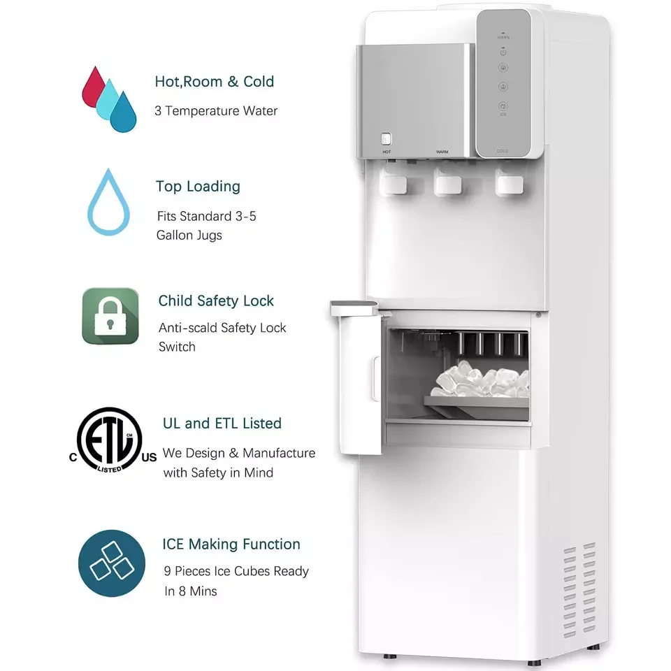 Water Dispenser With Bullet Ice Maker Compressor Cooling Make Hot Cold and Room Temperature Water Commercial Use Ice Storage