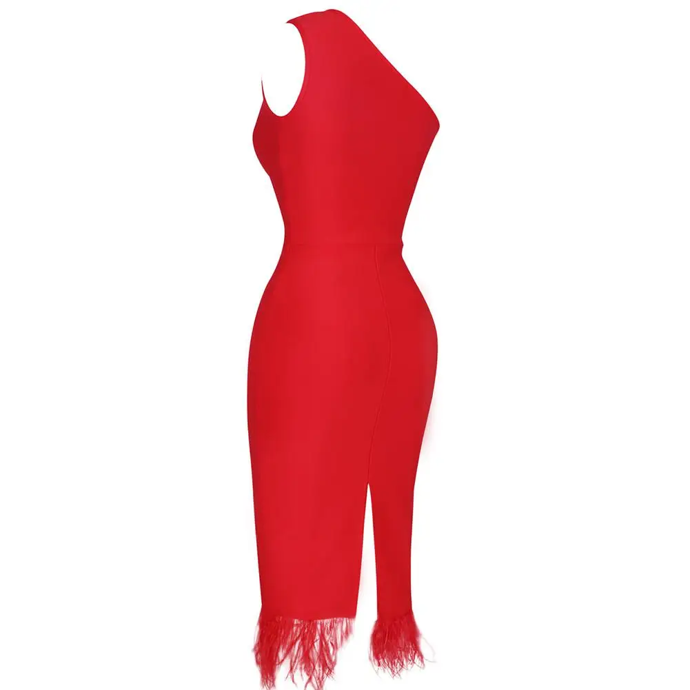 Ocstrade Fashion Red Sexy Birthday Outfit Dresses Slanted Shoulder Solid  Color Plush Embellished Elegant Party Midi Dress