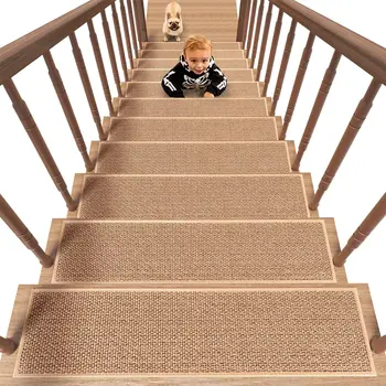 Kids and Dogs Area Rug Set PVC Carpet Stairs Treads with Non-Slip Wooden Steps Residue-Free Washable Rubber Backing