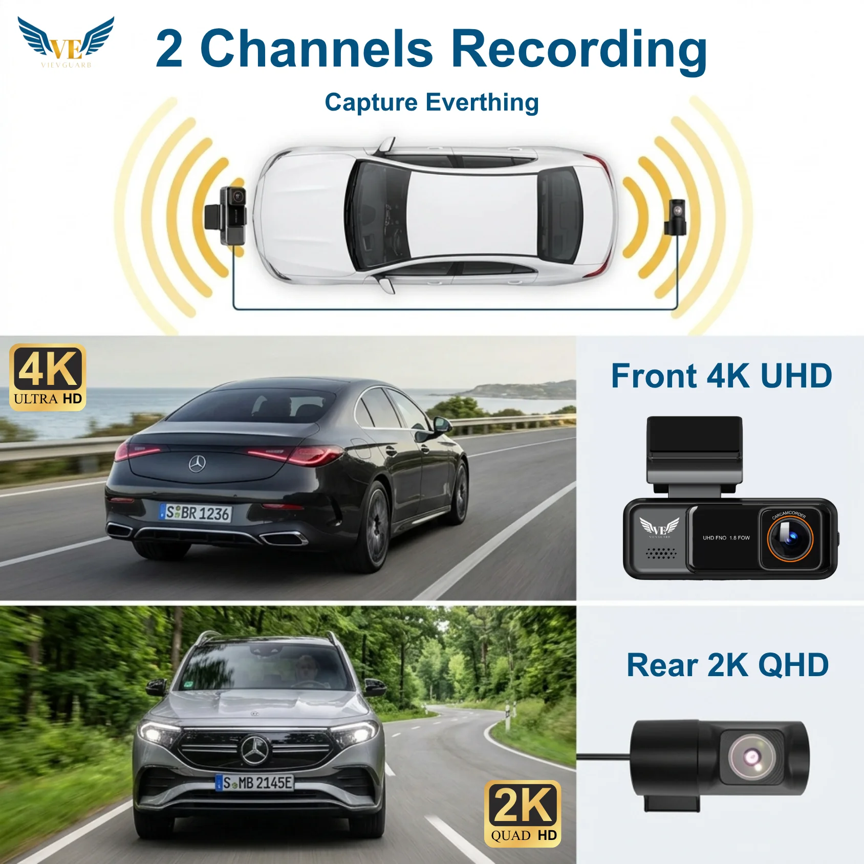VIEVGUARB T10E Dash Cam Dual Lens Night Vision G-Sensor Parking Monitor Loop Recording App Control 4K 2K WiFi IPS Screen