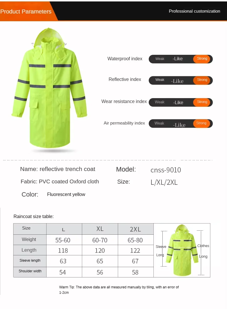High visibility waterproof breathable reflective safety raincoat long rain jacket warning security m