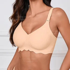 Women's Summer Seamless European American Jacquard Wave Thin Plus Size Bra Naked Comfortable Jelly Gel Underwear Wire Free