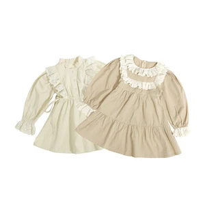 100% Woven Cotton Autumn Cute Baby Girls Dress Puff Sleeve Soft with Deliberate Ruffle Muslin Clothing  for Girl