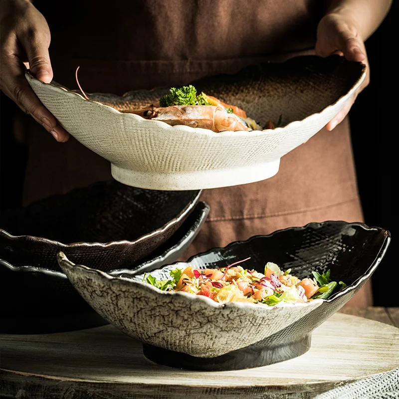 Retro Japandi Style Double-Pointed Curved Large Salad Bowl Creative Ceramic Tableware Set Sustainable Pottery Bowls for Parties