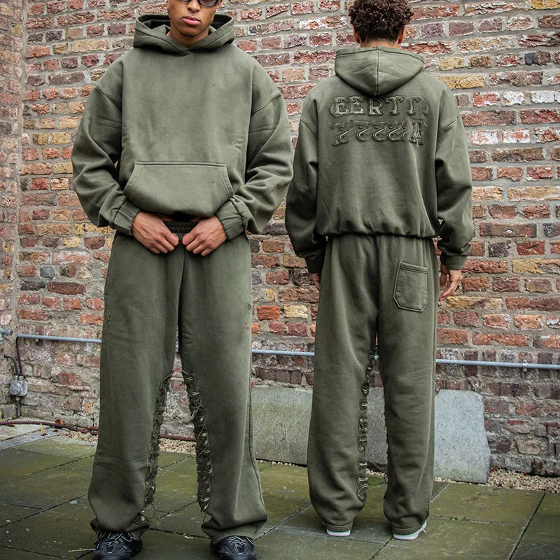 OEM Custom Embroidery Tracksuit Men and Woman Streetwear Plain Washed Pullover Hoodie and Sweatpants Set French Terry Sweatsuit gallery 7