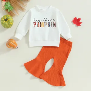 Halloween Girls Outfit Long Sleeve Orange Red Flared Pants Simple Printed Letter Pattern Casual Soft Polyester Cotton Clothes