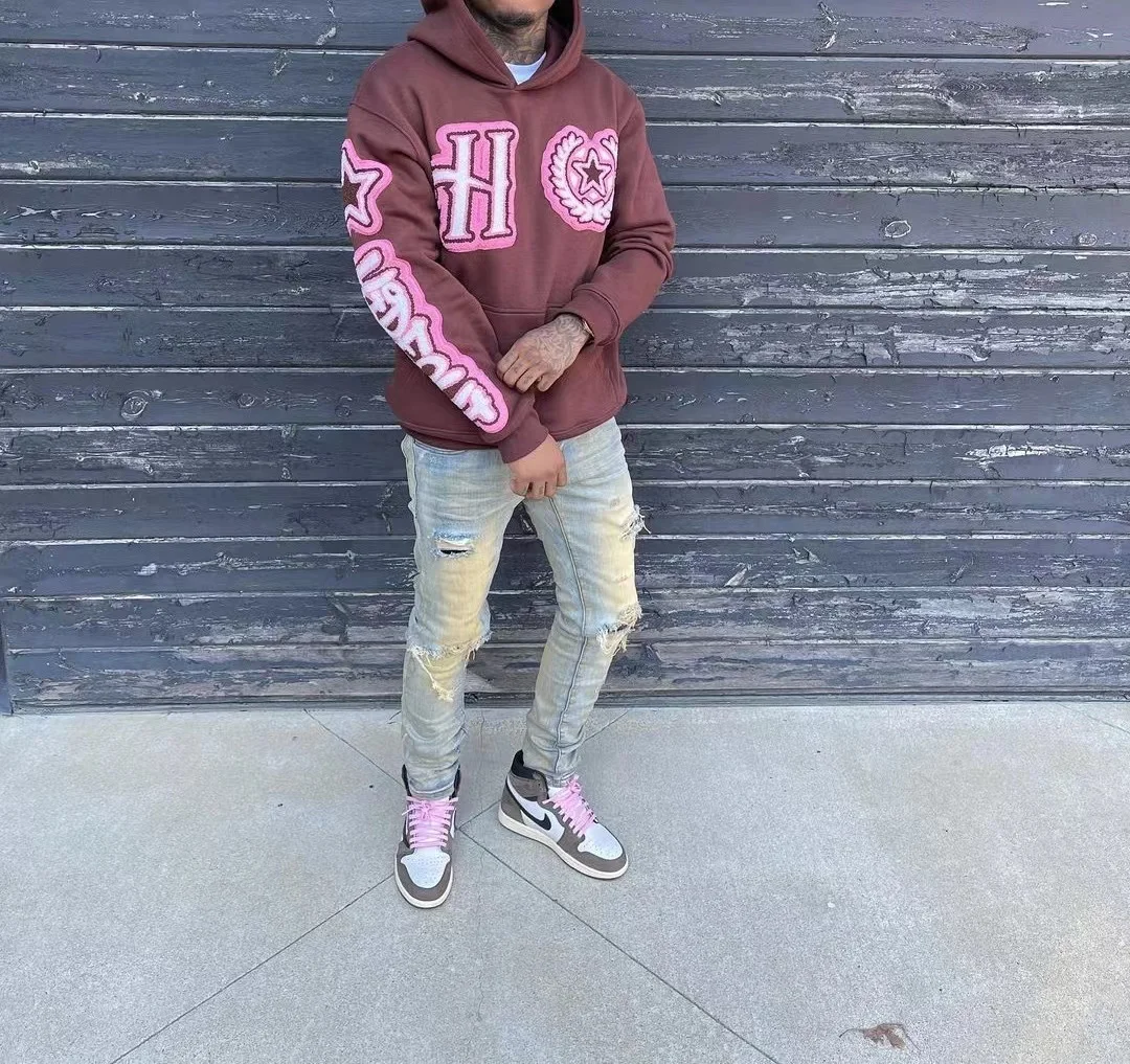 Wholesale Embroidery Hoodies Luxury Custom Oversized Heavyweight Cotton Fleece Chenille Patch Embroidered Men Hoodie gallery 5