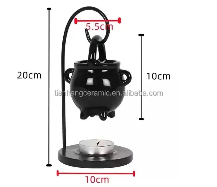 Wholesale Hanging Black Cauldron Shape Ceramic Oil Burner Ceramic Wax Melt Burner With Iron Shelf Aroma Wax Burner.jpg