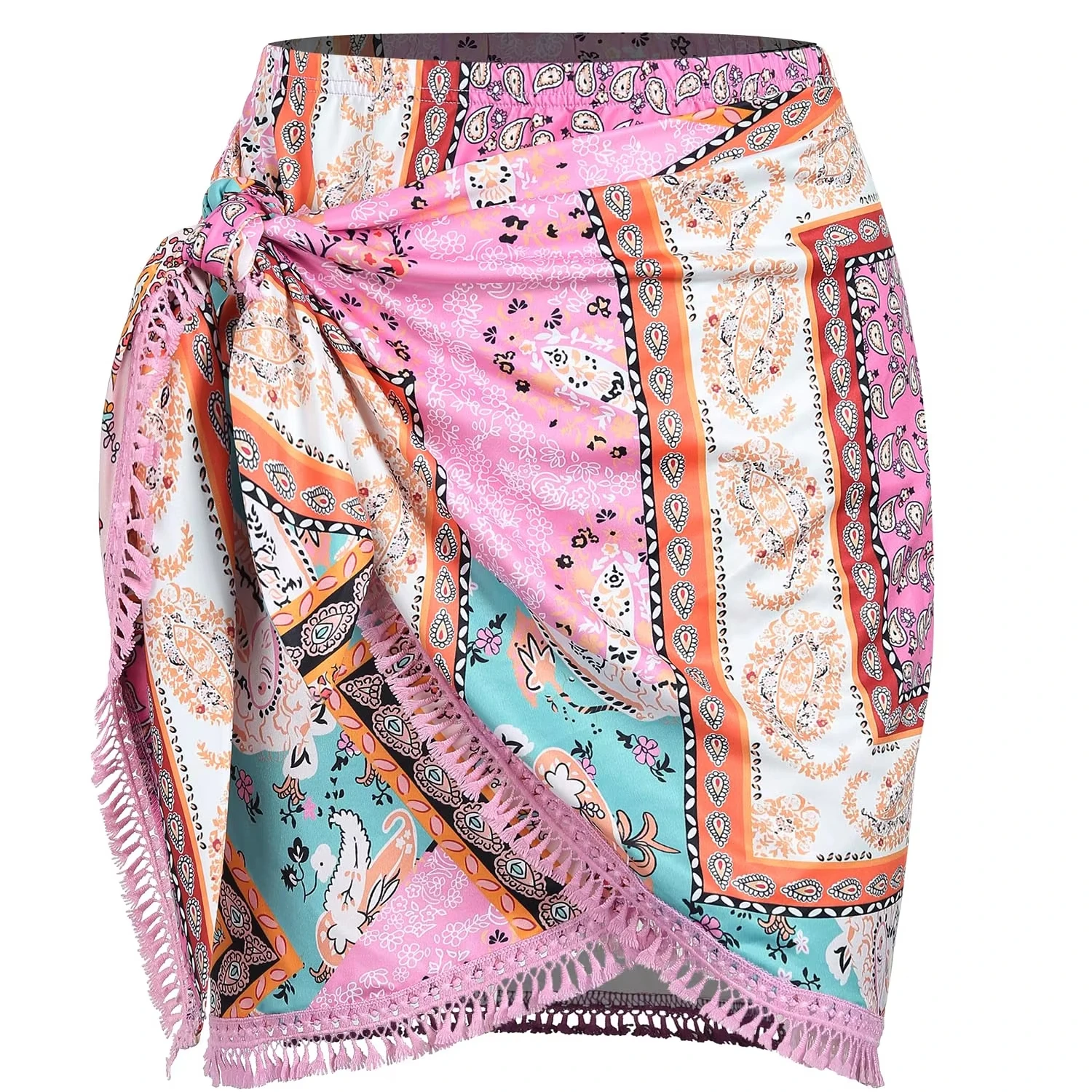 Shop ZAFUL Boho Print Mini Skirt Tie Side Wrap Tassel