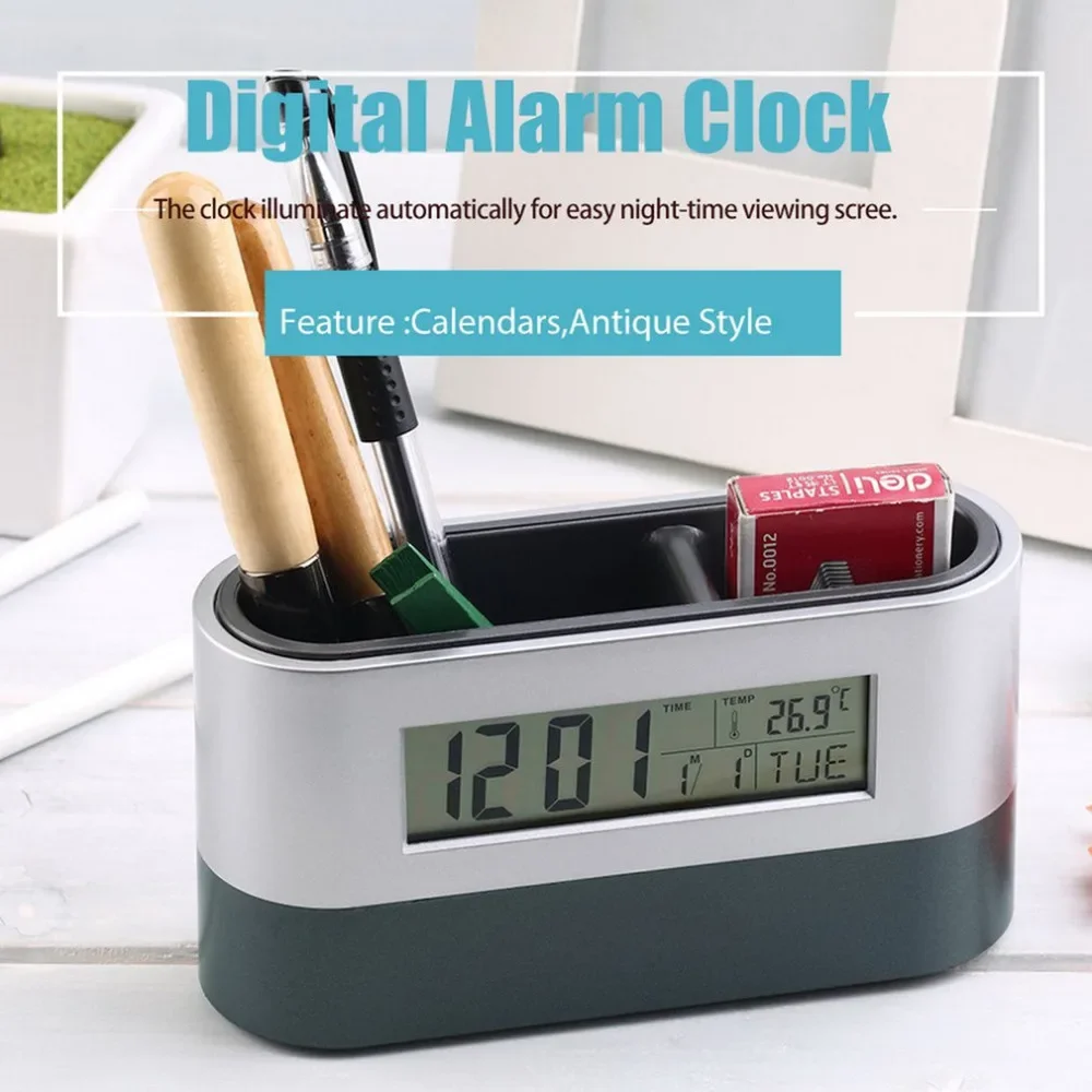Promotional Gift Electronic Digital Alarm Pen Holder Clock With Gadget Storage Box Desktop Display