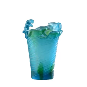Liuli Crystal Glass Wildlife Animal Cheetah Nature Miracinonyx Leopard Panther Martini Vase H30cm