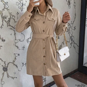 Women's Casual Corduroy Long Sleeve Shirt Dress with Belt Breathable and Solid Pattern for Autumn Season OEM Service Available