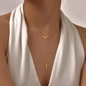 New Trendy Stainless Steel Flat Cross Chain Y-shaped Pendant Necklace Long Clavicle Necklace for Women