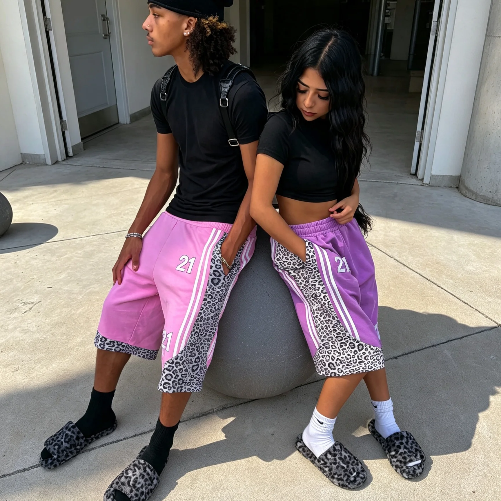 Made to Order Custom Vintage Washed Leopard Print Side Panel Shorts Double Stripe Letter Embroidered Wide Leg Sweat Shorts gallery 4