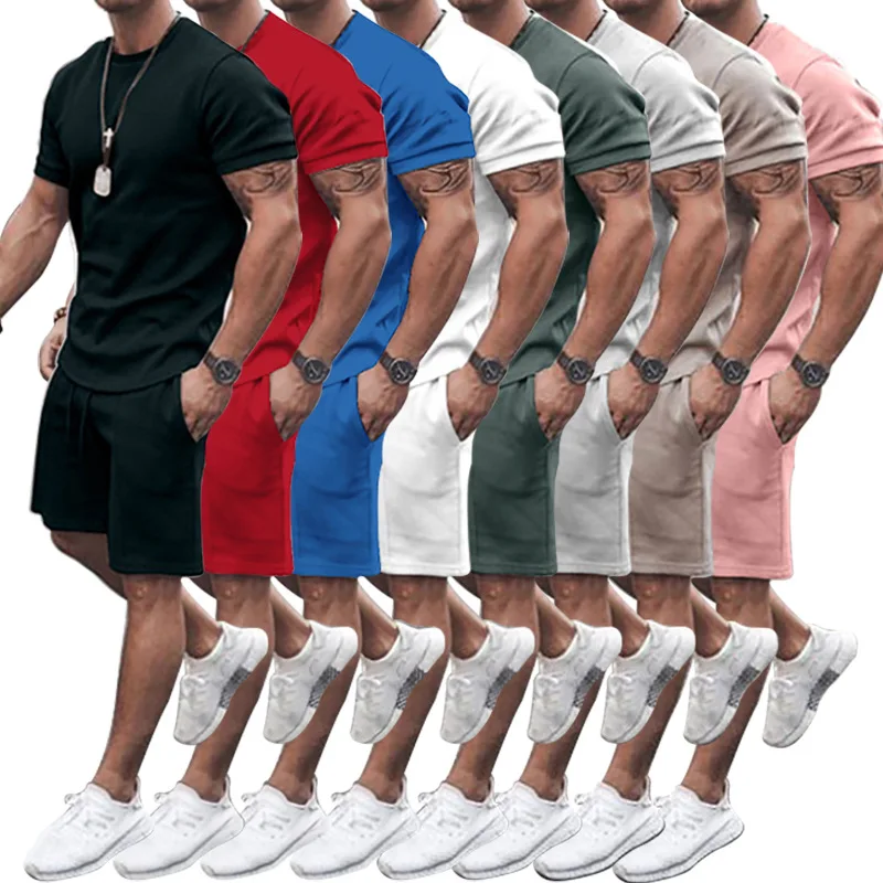 
QC Custom logo workout track suit two piece summer streetwear sweatsuit 2pcs men short sets clothing 