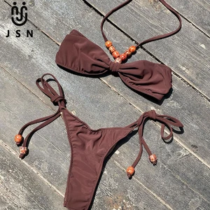 JSN 2026 Customized Halter Strapless Bandeau Sexy Backless Solid Two-piece Beading Swimsuit for Women Low Waist Thongs Bikini