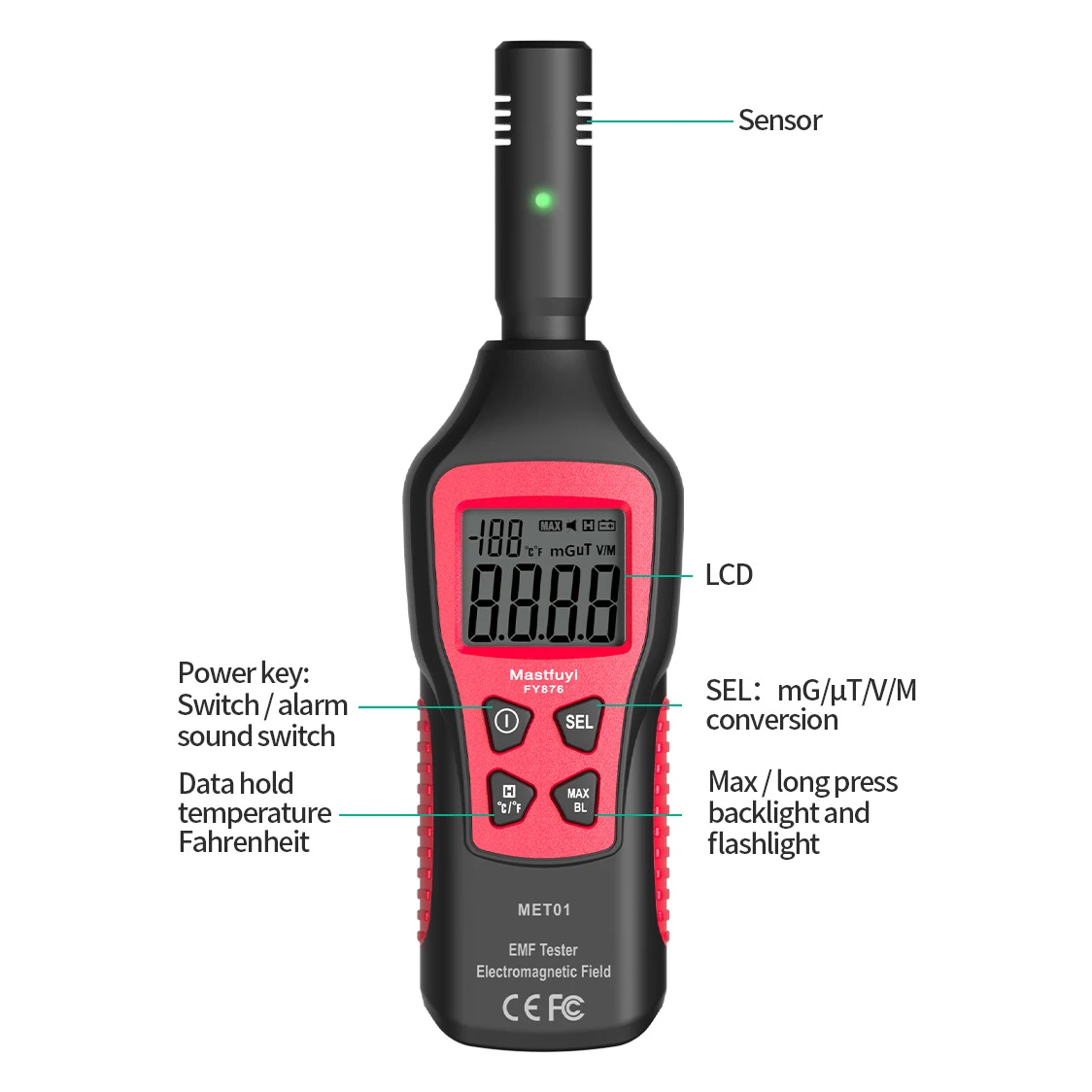 Détecteur EMF (champs électromagnétiques) Avec Thermomètre - Écran LCD - Environ 15 Cm - Neuf