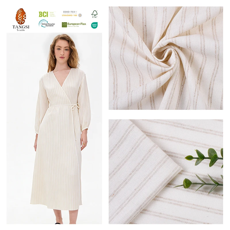 Wholesale Eco-Friendly Medium Weight Linen Cotton Yarn Dyed Stripes Woven Fabric for Garment Use Pants Dress Skirts