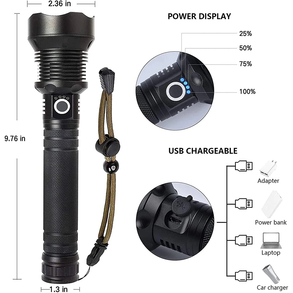 Lampe Torche LED Shadowhawk XHP70 Ultra Puissante 450 000 Lumens - Rechargeable Gris Clair