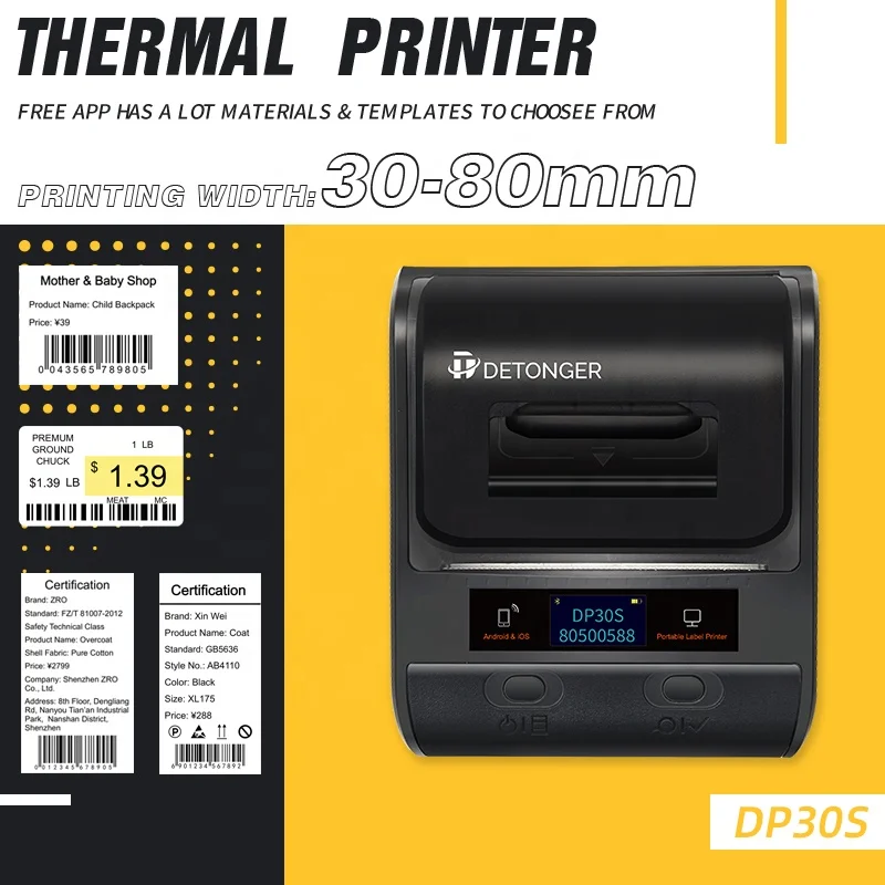 DETONGER DP30S Thermal Label Printer Plus 10 Rolls White Paper  Muitifunctional Adhensive Hand Sticker Maker Price Tag