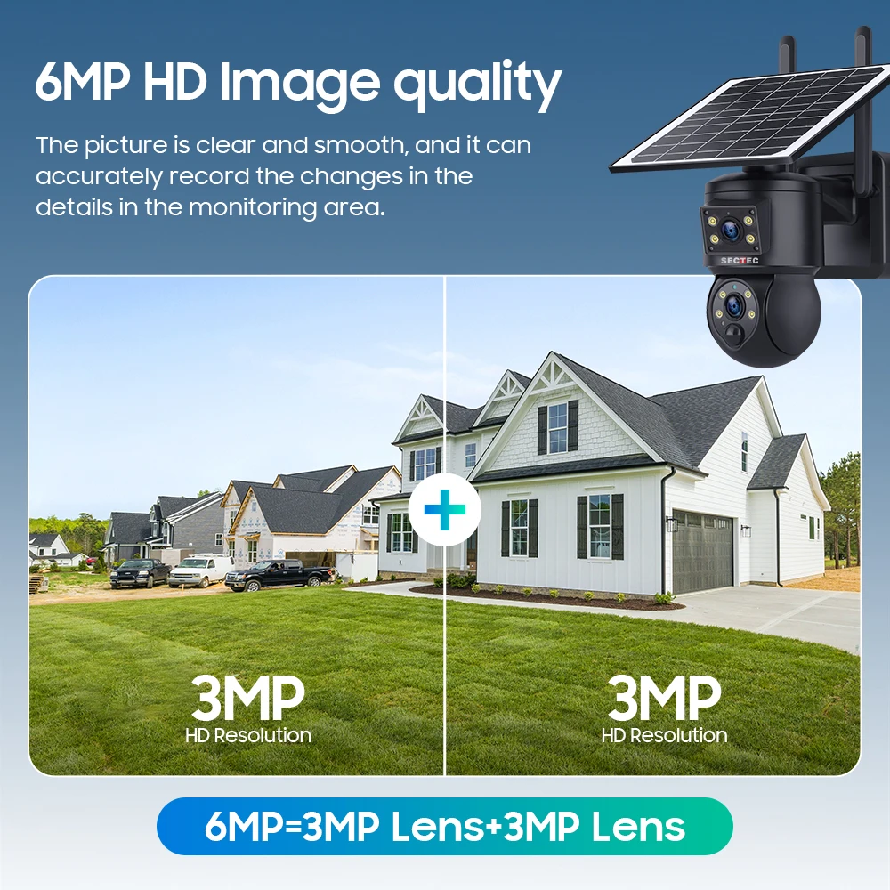 Dual Lens Dual View 6MP 3K PTZ Alarm 4G Sim Card LTE Solar Camera IP66 Waterproof Security System IR Night Vision CCTV Camera