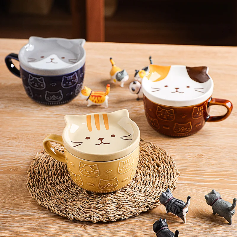 Engraveable Embossed 3d logo Cat Yellow Coffee Mug Ceramic with Spoon