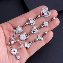 Set 10pcs Women's Stainless Steel Body Jewelry Heart Flower Zircon Belly Ring 10mm Bar Length for Navel Piercing Wedding Gifts