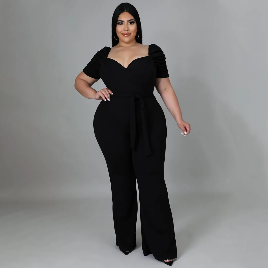 Shop Plus Size Women Jumpsuits with Solid V Neck Ruffle Sleeve