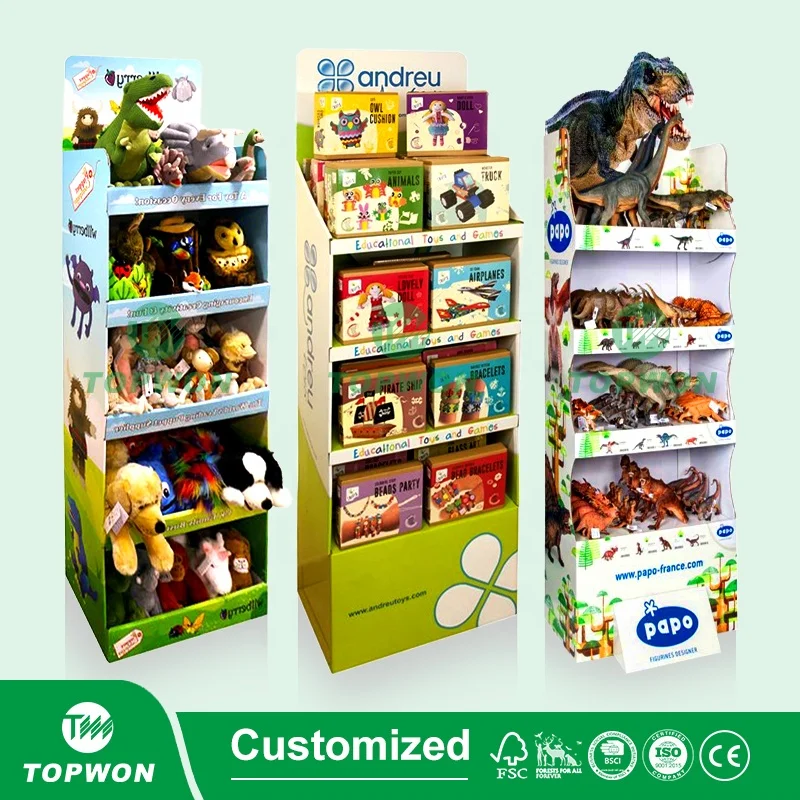 Custom Supermarket Retail Toy Display Rack Cardboard Pop Display Stand Playing Card Cartoon Plush Toys Display Stand