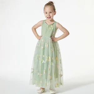 High Quality Beautiful Summer Floral Lace Dress for Girls Exquisite Printed Sleeveless Mash Dress Bow Clothes for Kids